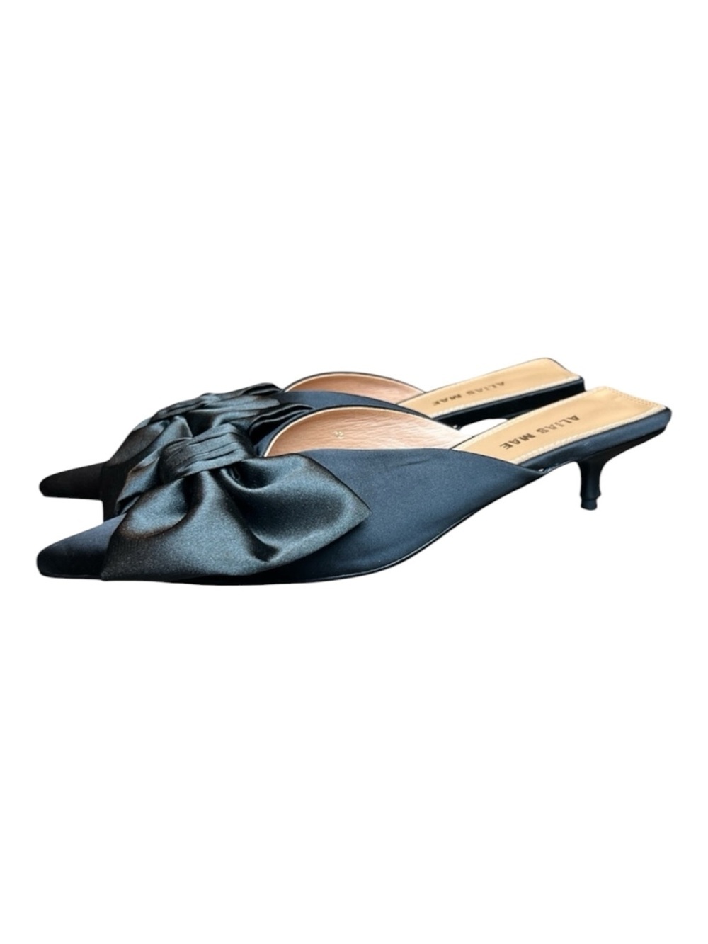 Alias Mae Satin Black Bow Kitten Heel Mules SZ 38